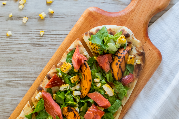 Grilled Flatbread with Chopped Salad and Smoked Alaska Salmon