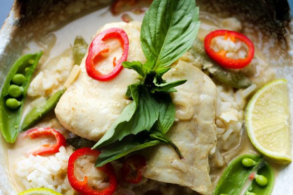 Alaskan Halibut Poached in Coconut Green Curry
