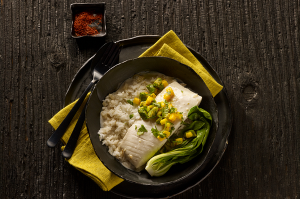 Coconut Poached Alaska Halibut with Mango-Avocado Salsa