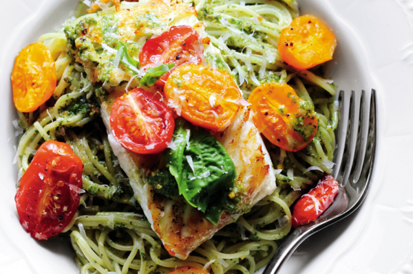 Seared Alaska Halibut Pasta with Pistachio Pesto and Roasted Tomatoes