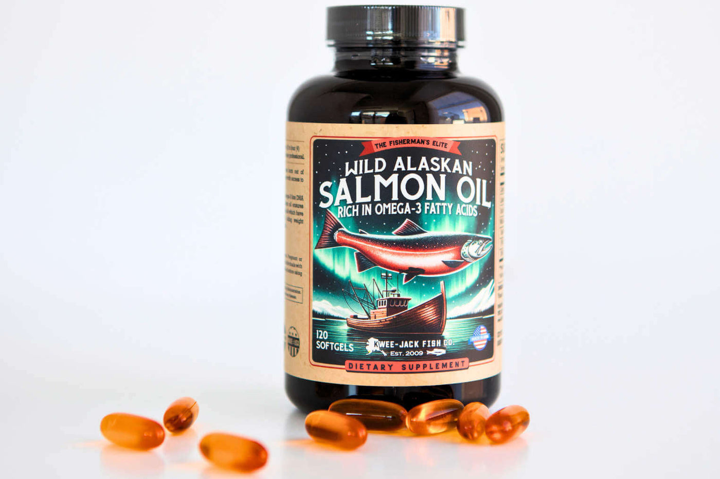 Kwee-Jack Fish Co. Wild Alaskan Salmon Oil Supplement with capsules displayed.