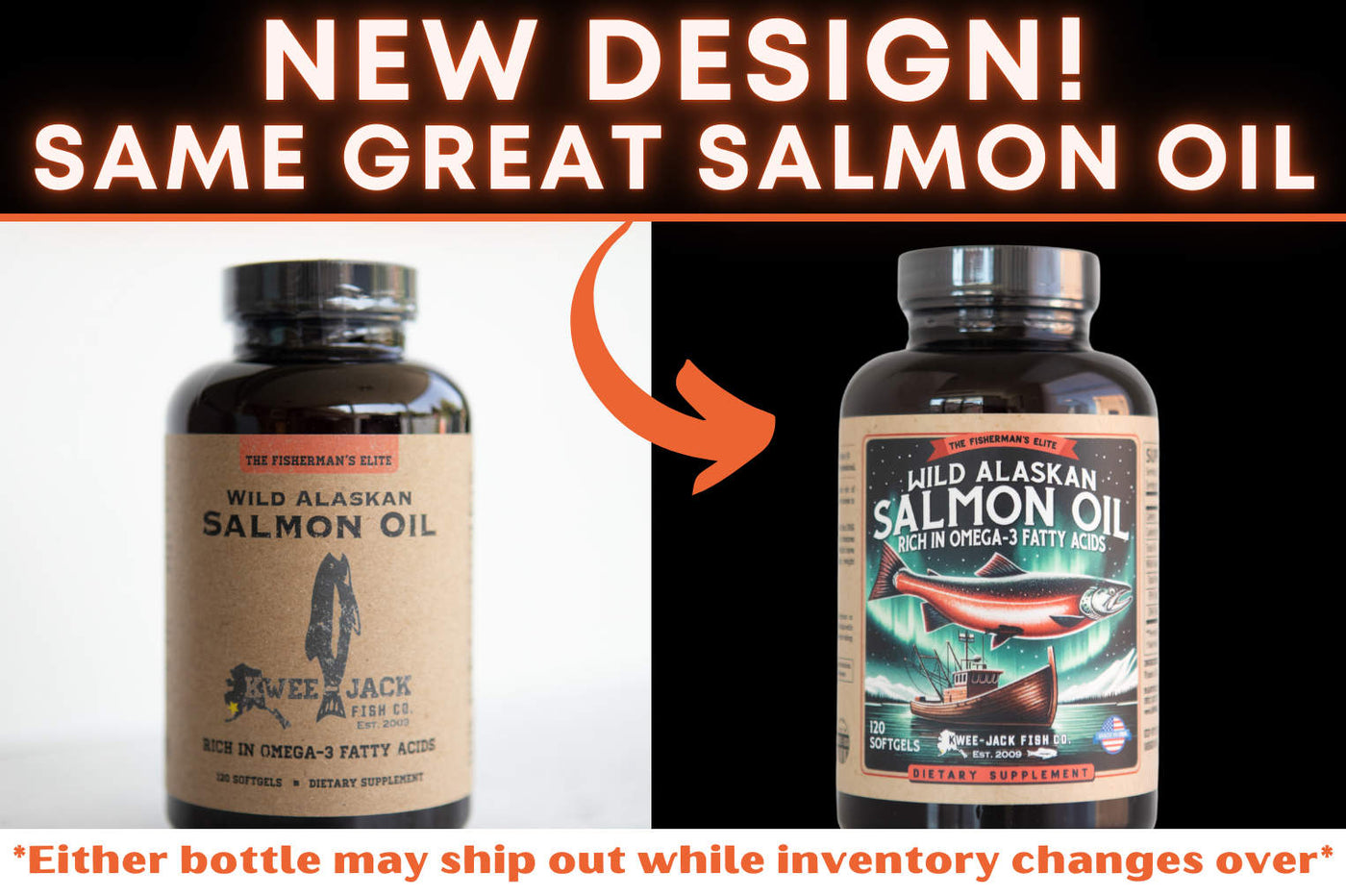 New bottle design for Kwee-Jack Fish Co.'s wild Alaskan salmon oil fish oil Omega 3 supplement.