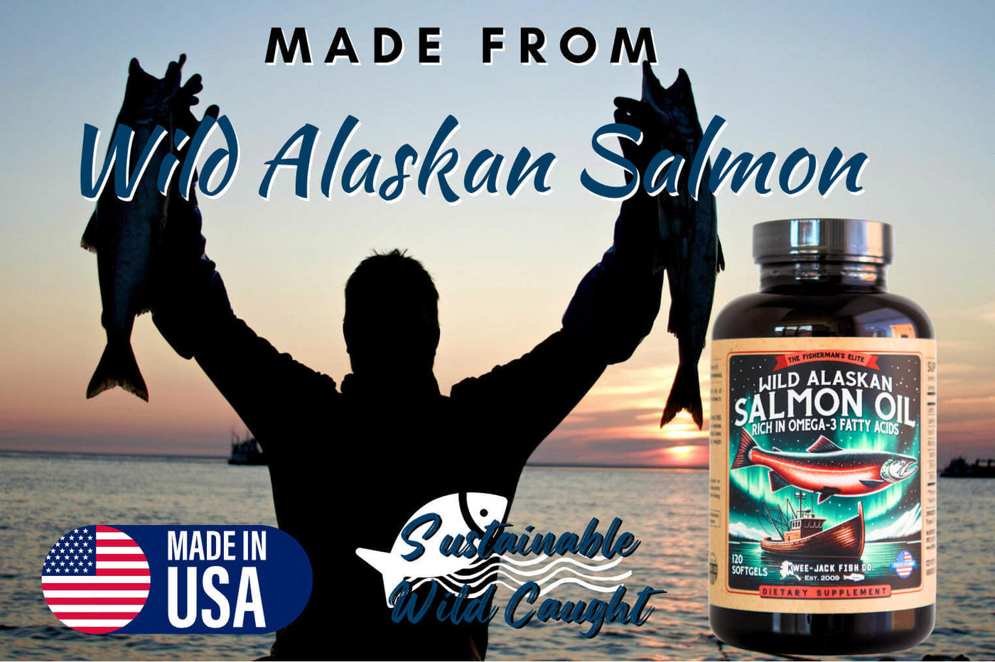 KweeJack Fish Co. wild Alaska salmon oil supplement with fish held in background.