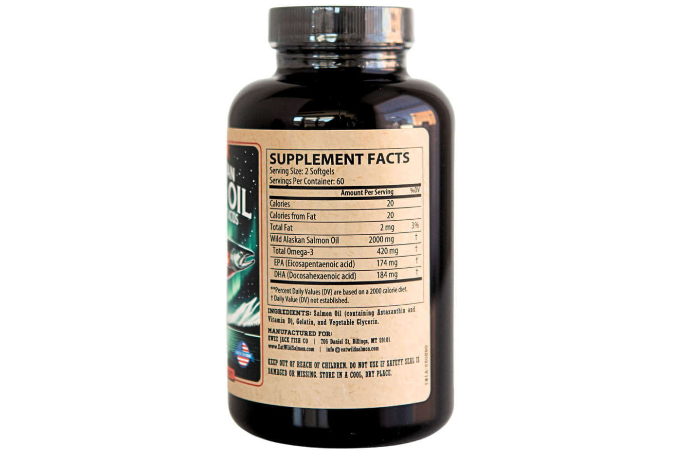 Supplement facts for Kwee-Jack Fish Co. wild Alaskan salmon oil.