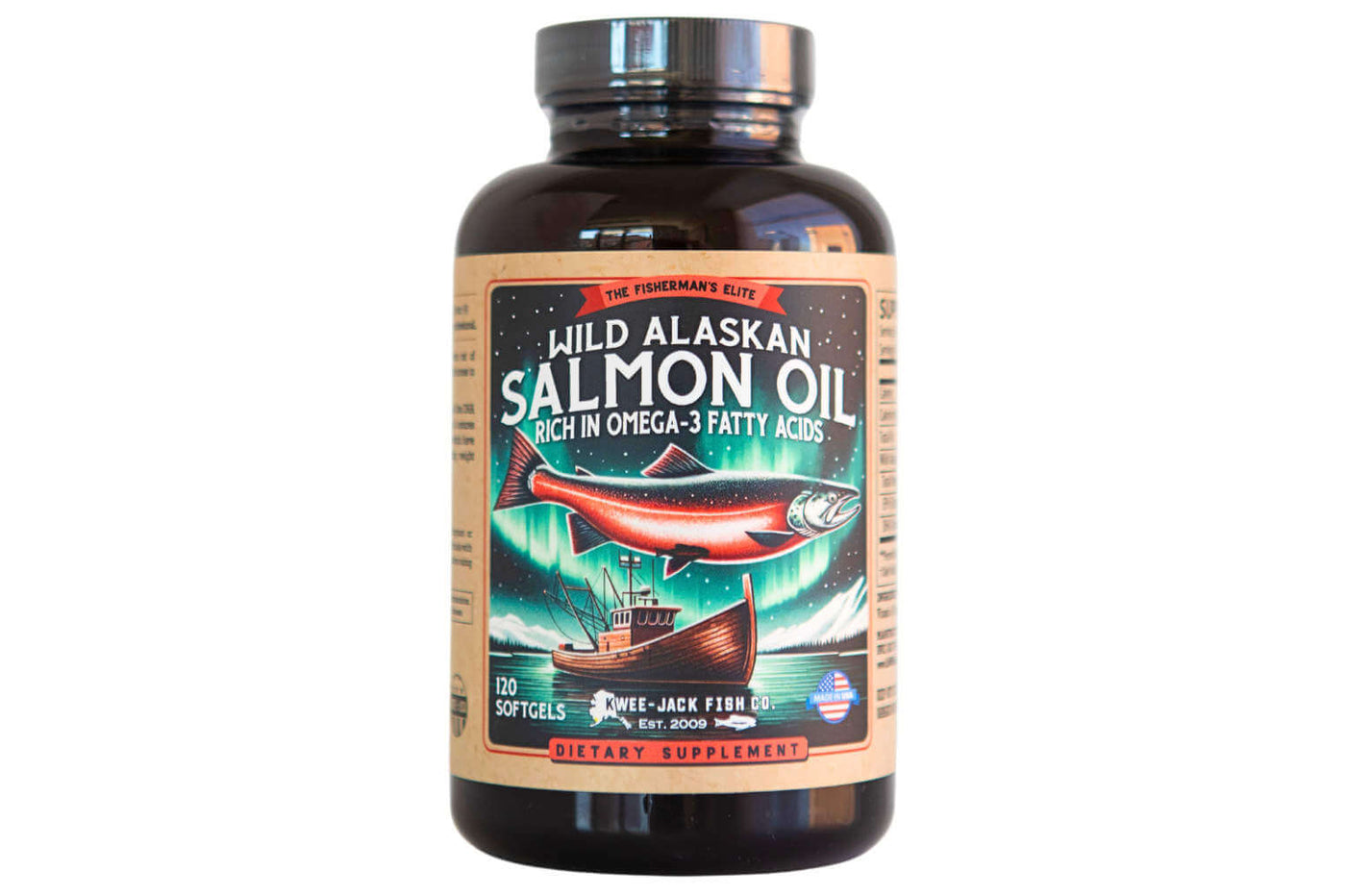Front of the Kwee-Jack Fish Co. wild Alaskan salmon oil supplement.