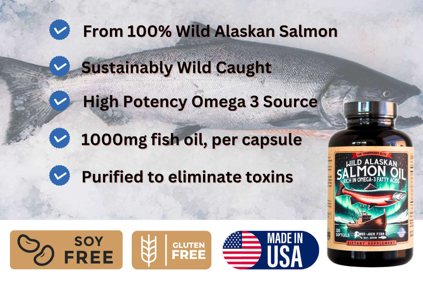 Kwee-Jack Fish Co. Wild Alaskan Salmon Fish Oil Omega 3 Supplement 120 Softgels 1000mg Salmon Oil per Capsule | anti-inflammation, Brain, Heart, Joint