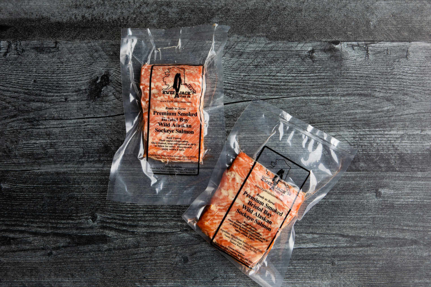 Kwee-Jack Fish Co. wild caught Alaskan traditional smoked salmon in vacuum-sealed pouches.