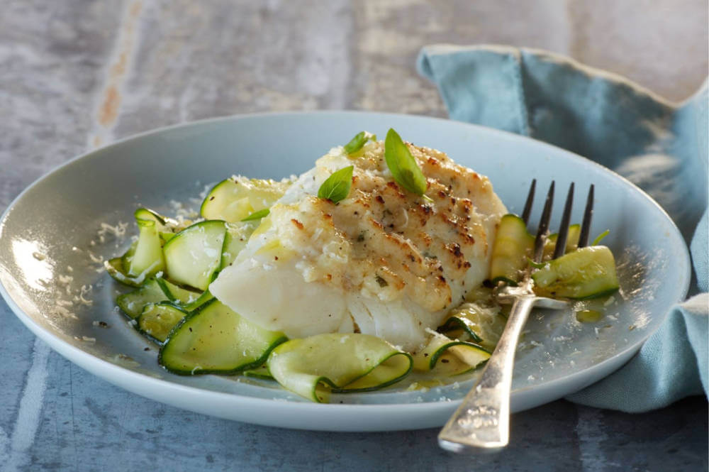 Alaskan cod with parmesan and zucchini noodles