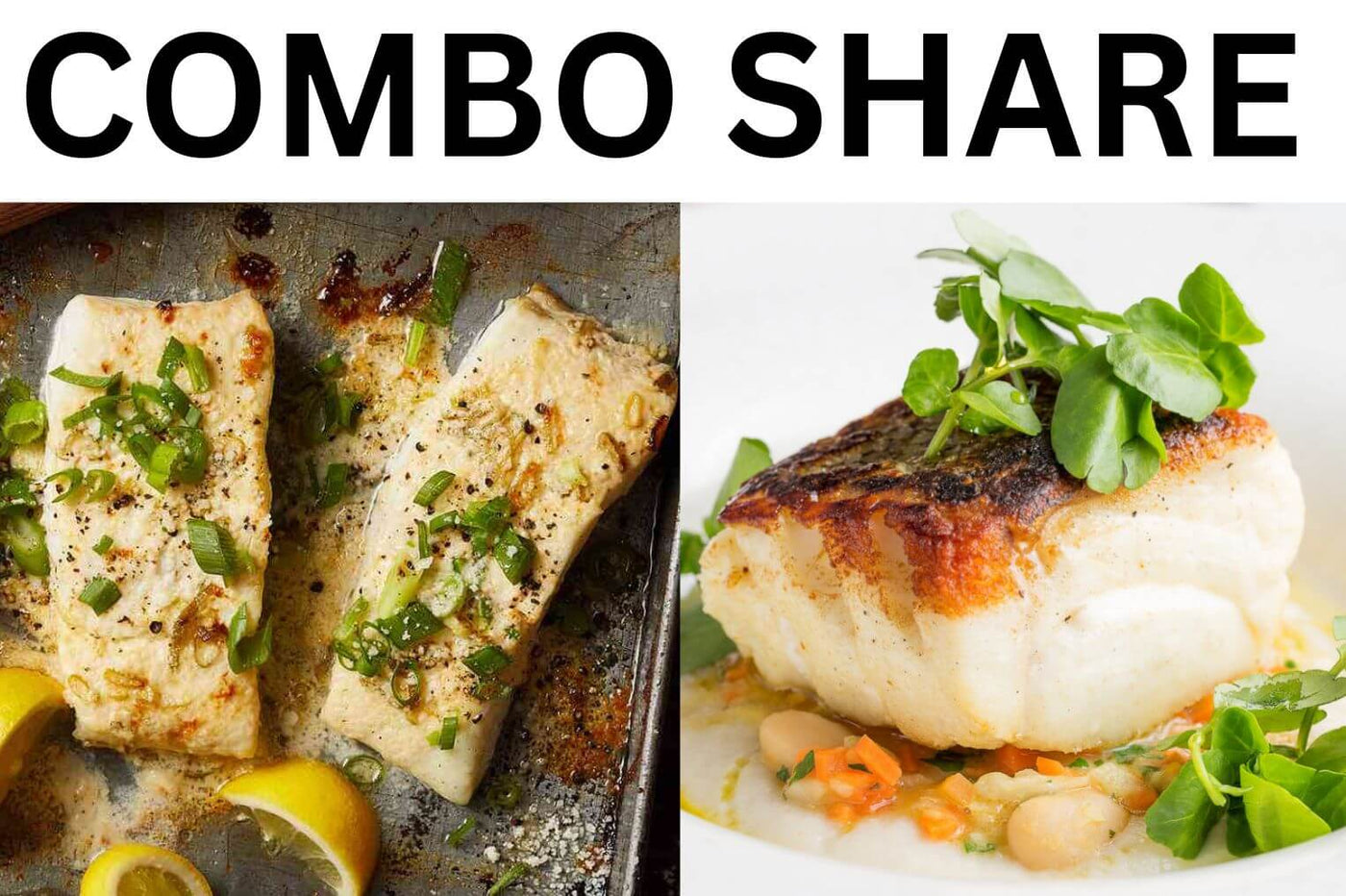 Wild Caught Alaskan Halibut and Cod Combo Seafood Share.  Showing both cooked halibut and cod ready to eat.