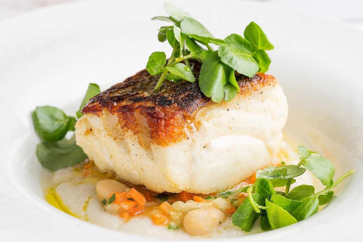Kwee-Jack Fish Co. Wild Caught Cod Plated over beans topped with micro greens.